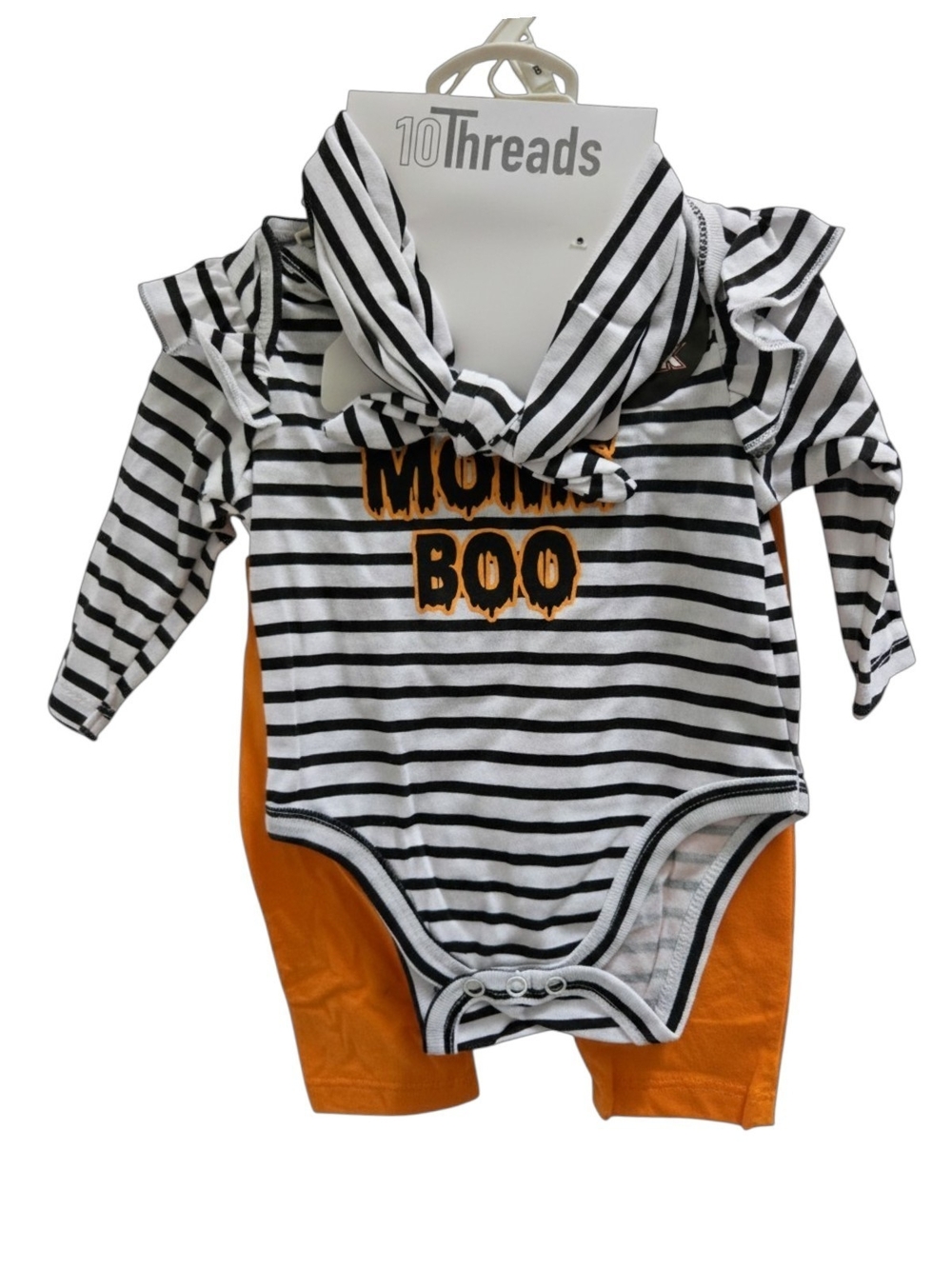 Black & White Striped 'Mama Boo' Bodysuit with Orange Shorts